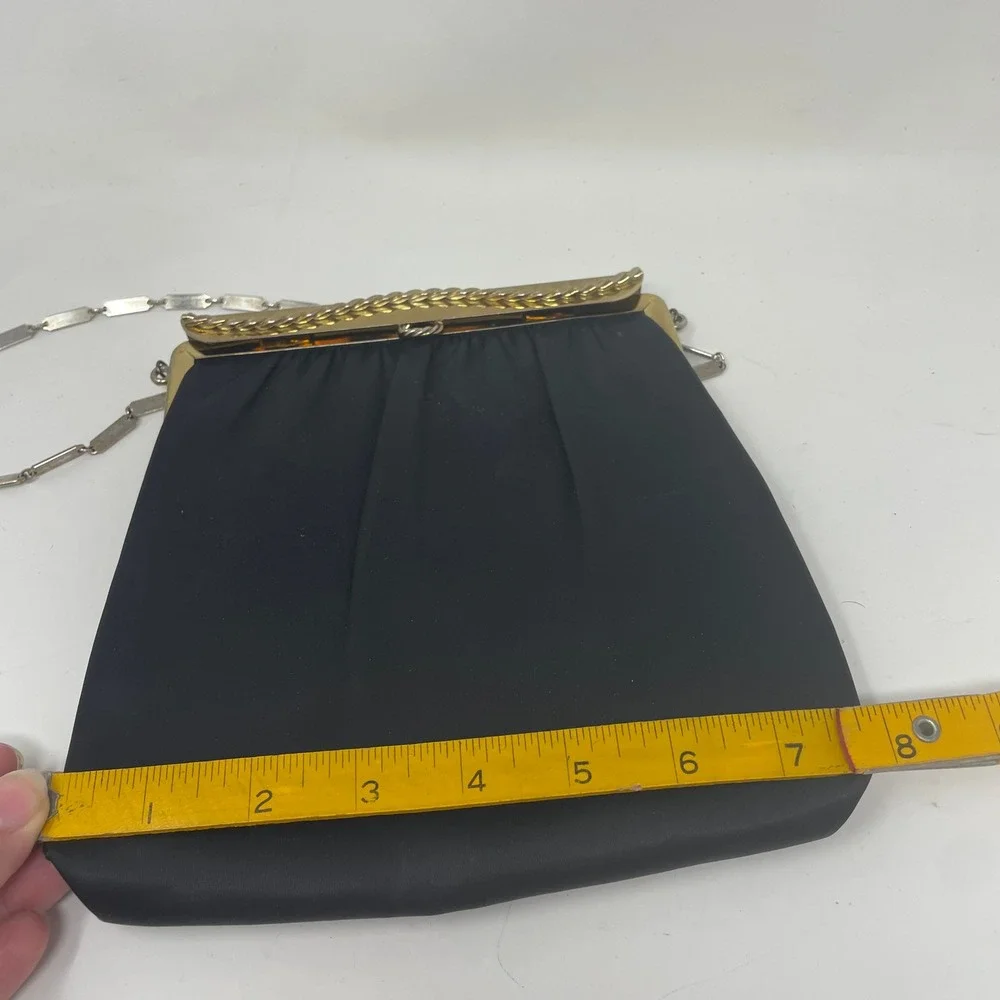 Vintage HL USA Black Satin Evening Bag Gold Frame Chain Shoulder Clutch Bag